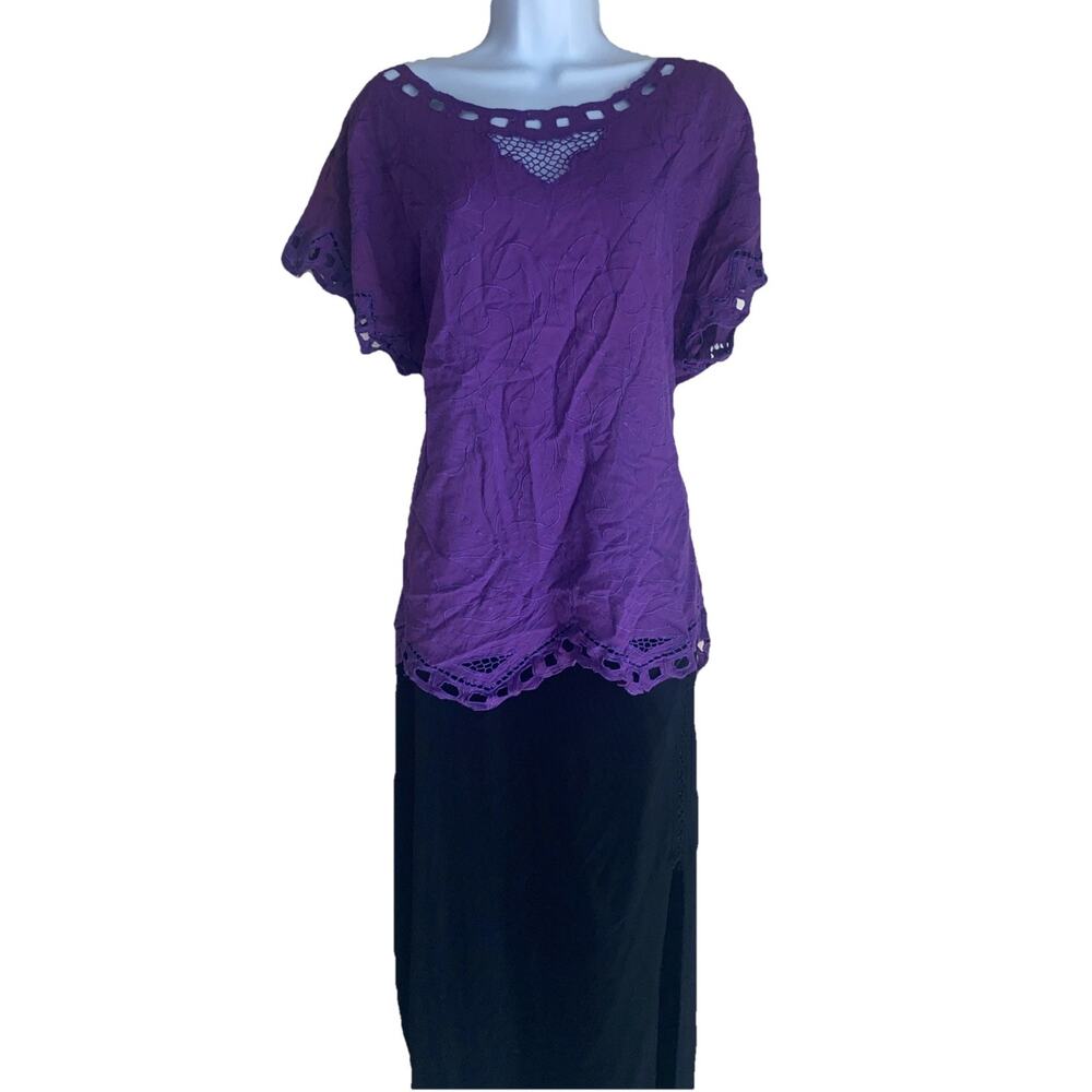 Jane Ashley Women's Plus 1X Purple Embroidered Boho Artsy LagenLook Blouse Flowy